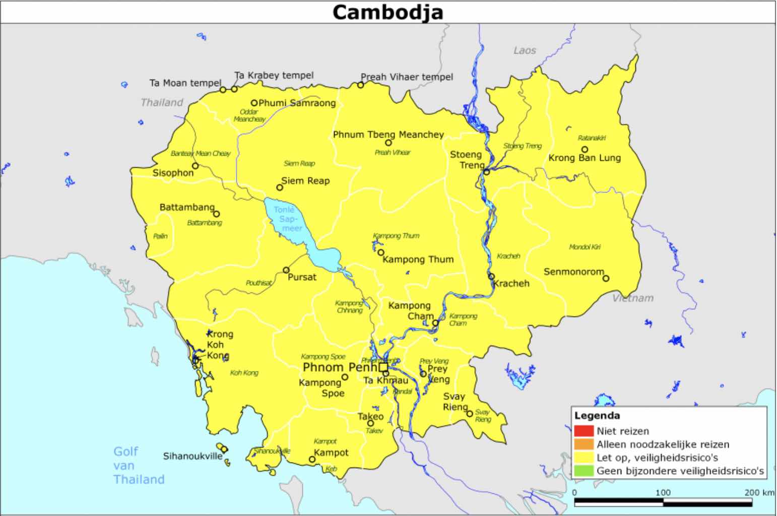 Kaart van het actuele reisadvies in Cambodja
